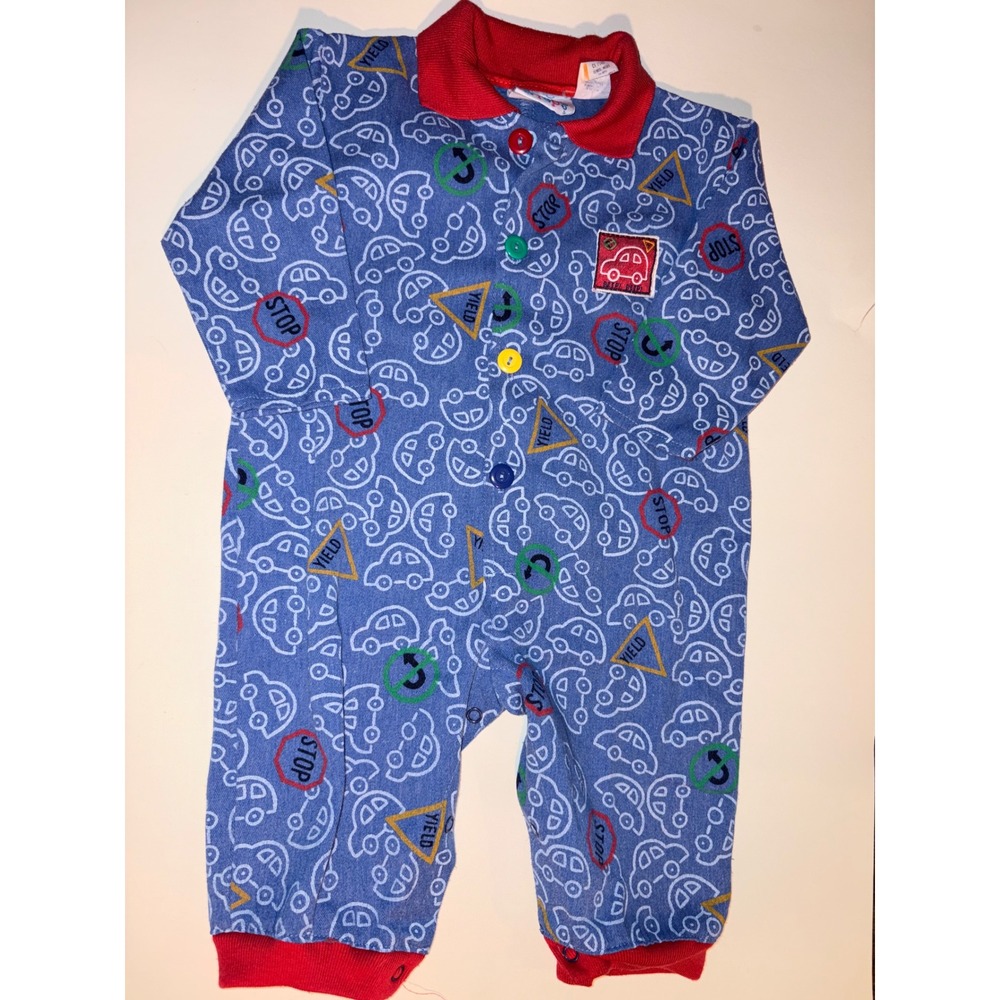 Vintage Small‎ Steps Kids Blue Car Traffic Pajamas Romper Sleepwear 12 Months